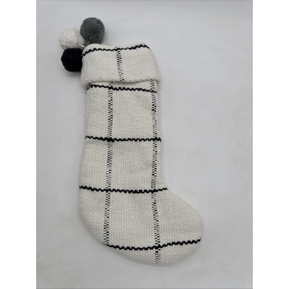Hearth & Hand Magnolia Christmas Stocking 18" Knit White Plaid Pom Pom